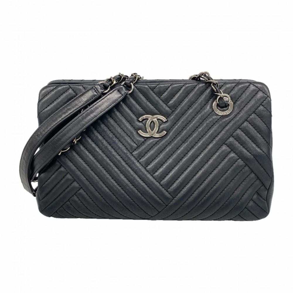Chanel Shoulder Bag, Chain Shoulder, Chevron Lambskin, Black, Women's